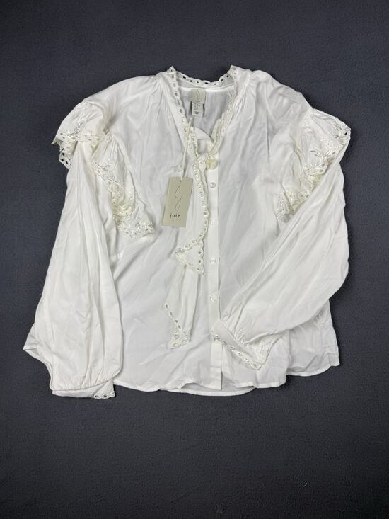 Joie Tops - Joie Women's Ruffle Round Neck Lace Trim Long Sleeves Blouse White Size XL